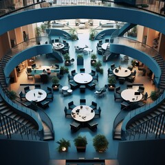  a circular staircase with tables and chairs