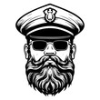 Vintage monochrome marine label with seaman in sailor captain. Bearded ship captain peaked cap for marine nautical logo design for sailor
