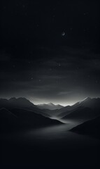 a dark landscape with mountains and water