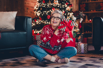 Poster - Full length portrait of cheerful minded lady sit carpet floor hold desirable christmas giftbox imagine evergreen tree lights indoors