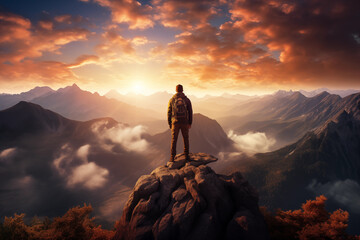 Wall Mural - Adventurous Man Hiker Standing on top of a rocky mountain overlooking the dramatic landscape at sunset