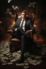 a man sitting in a chair with money falling off