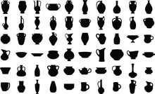 Set Of Pottery And Vases Silhouettes , Black Pot Isolated Vector Illustrations On White Background

