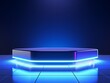 3D digital product background with neon lights, silver block podium with led light reflects on dark dot effect blue background, 3D illustration rendering.