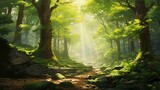 Fototapeta Las - A tranquil forest scene with sunlight filtering through the lush green canopy, creating a serene atmosphere.