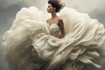 Fantasy fashion illustration of a woman dressed in a cloud inspired white dress