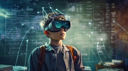 Wall Mural - smart curious school boy pupil with vr glasses googles studying the neuron and neural connections of