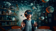 © Irina - Surprised schoolboy boy pupil with VR glasses studying at classroom. Simulation science. Student uses a virtual reality headset to study. Futuristic lifestyle learning astronomy and planets. Virtual