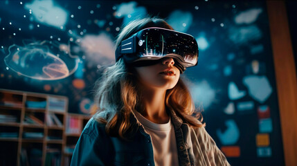 Wall Mural - portrait of a smart curious schoolgirl pupil with vr glasses googles studying the contemporary art a
