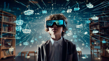 Wall Mural - smart schoolboy boy pupil with vr glasses studying at classroom. simulation science. student uses a 
