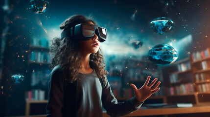 Wall Mural - smart curious schoolgirl pupil with vr glasses googles studying with simulation science and digital 