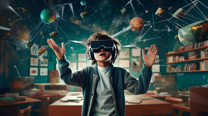 Wall Mural - surprised schoolboy boy pupil with vr glasses studying at classroom. simulation science. student use