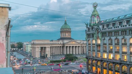 Wall Mural - Kazan Cathedral and Singer House from a rooftop, timelapse captures the top view along Griboyedov Canal's waterfront. Traffic flows on the road below. Saint Petersburg, Russia