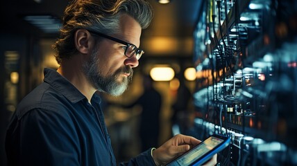 IT specialist utilising a digital tablet in the network server room .