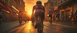 Fototapeta Uliczki - View from behind of triathletes riding on a street .