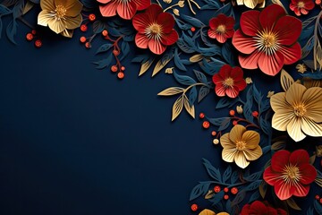 Wall Mural - Floral frame on dark blue background. Colorful paper spring flowers and leaves wallpaper. Bright greeting card design for holiday, Mothers day, Easter, Valentine day. Papercraft, quilling