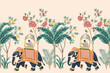 Vintage botanical palm tree, Indian elephant, lemur animal, lemon tree, rose flower, plant floral seamless border. Exotic chinoiserie mural.	