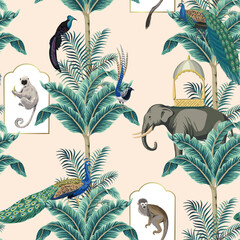 Canvas Print - Indian elephant, monkey, peacock, lemur animal, palm tree, tropical leaf seamless pattern. Jungle wallpaper.