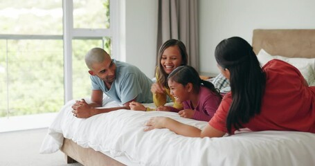 Poster - Bed, morning fun and happy family relax, bonding or enjoy quality time together, vacation holiday and kids play games. Malaysia, excited energy and home mom, dad and children jump on bedroom mattress