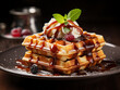 Food photo of the Belgian waffles, drizzled with maple syrup