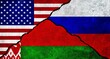USA, Russia and Belarus flag together on a textured wall. Relations between Russia, Belarus and United States of America