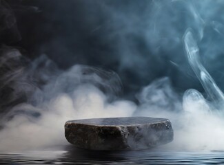 Wall Mural - Abstract minimal concept. Dark background with natural granite stones podium on water, and smoke surrounding. Mock up, template for product presentation. Copy text space