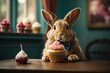 cute rabbit wearing a bow tie and sitting next to a sweet cupcake.