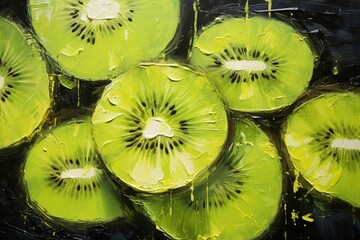 Wall Mural - palette knife textured painting kiwi Slice of fresh kiwi fruit