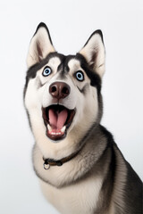 Funny surprised dog isolated on white background. Studio portrait of a dog with amazed face.