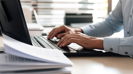 Wall Mural - Close-up of a man's hands typing on a laptop keyboard, with a stack of paperwork beside them