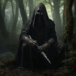 a person in a black robe holding a knife in a forest