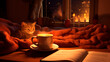 Homey: scenes with cozy homey moments, a cup of coffee on the table a soft couch. Generative AI