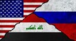 USA, Russia and Iraq flag together on a textured wall. Relations between Russia, Iraq and United States of America