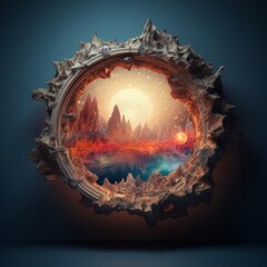 Sticker - a round object with a view of a landscape and the moon