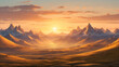A diverse golden hour landscape, with mountains and setting sun