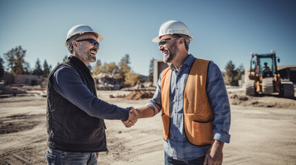 two smiling construction workers, shaking hands at a construction site with heavy machinery in the b