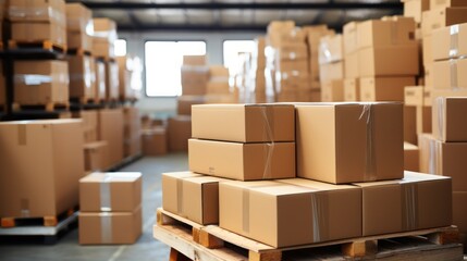 Wall Mural - Cardboard boxes stack, storage warehouse background. Logistics and products distribution