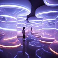 Wall Mural - a woman standing in a room with purple and pink lights