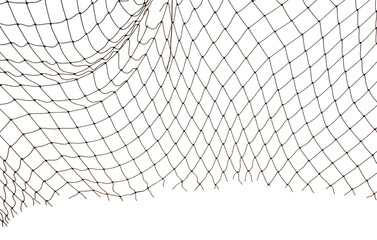 Icy mesh made of rope in the snow on a white background. Torn fishing, football, tennis net isolate