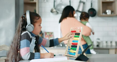 Poster - Math homework, child with headphones and abacus in kitchen learning, education and tablet together with family. Elearning, studying and girl student for online class project with mom and kids.