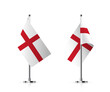 Set of flags of England on pole vector illustration. 3D realistic british white and red flagpoles isolated on white background. Vertical stand, desktop flagstaff. Cross of St. George on metal stick