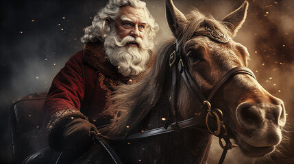  santa claus on his reindeer traveling in the snow, in the style of photo-realistic landscapes, created by ai