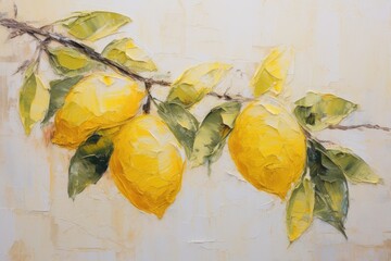 Wall Mural - palette knife textured painting lemon Fresh citrus fruit lemon on a branch with fruits green leaves