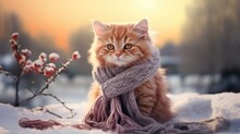 Cat Walk Outside,winter Landscape On Background