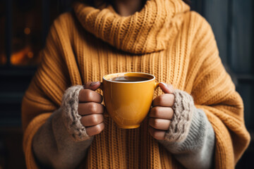 young woman in a knitted sweater holding a cup of hot tea or coffee