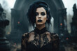 Stylish gothic woman against the background of a cemetery