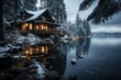 © Larisa AI - A cozy winter retreat nestled among snow-covered trees, reflecting the serene landscape of a mountain lake