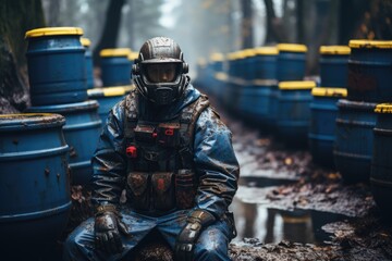 A resilient warrior braves the elements, his sturdy armor and helmet caked with mud as he sits on the rugged ground, ready to face any challenge in the great outdoors