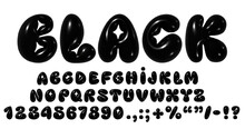 3D Y2K Glossy Bubble Font With Black Shiny Inflated Balloon Numbers And English Alphabet Letters. Realistic Vector Illustration, Trendy Typography