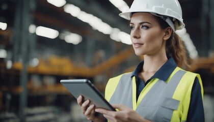 Wall Mural - Professional Heavy Industry Engineer_Worker Wearing Safety Uniform and Hard Hat Uses Tablet Computer